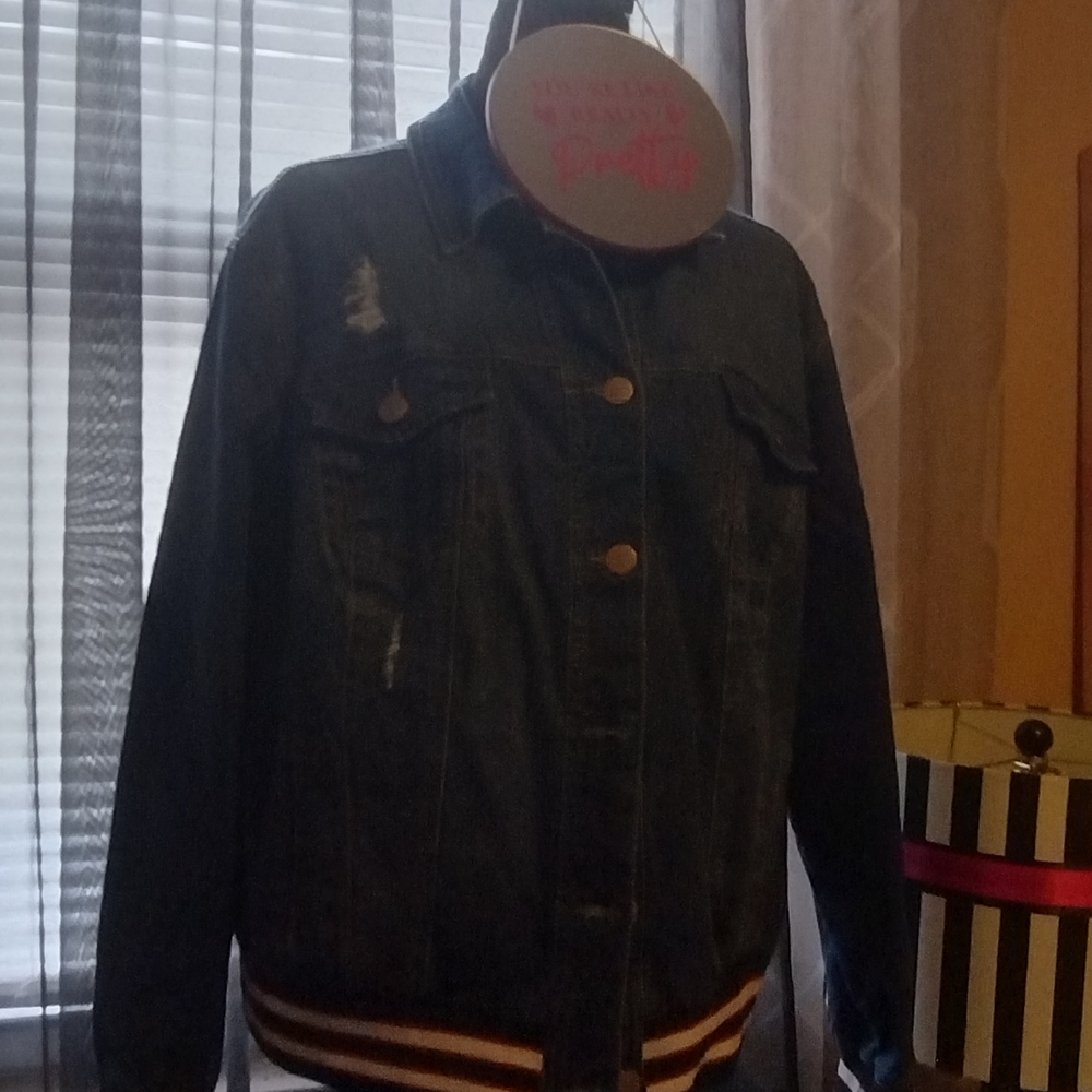 Dollhouse Blue Denim Jacket with Striped Cuffs - Picture 2 of 7